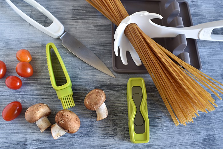 Tomorrow's Kitchen tools and pasta, mushrooms and tomatoes