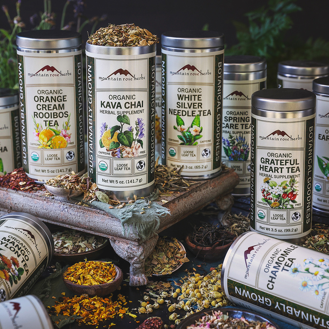 Mountain Rose Herbs loose leaf tea selection and organic apothecary jars